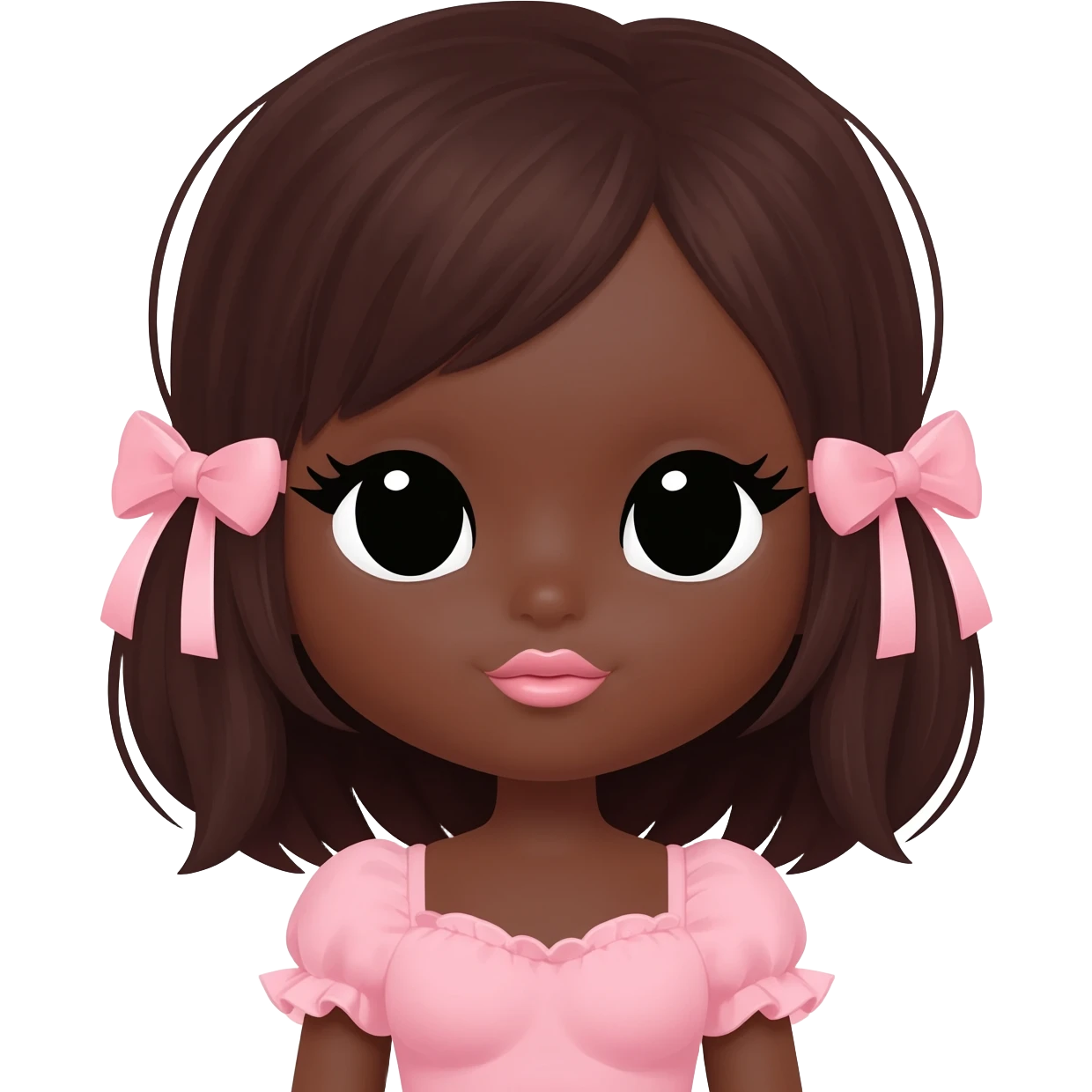 Doll, big chest, dark brown skin, dark brown hair, black cute eyes, pink bows with cute lips emoji