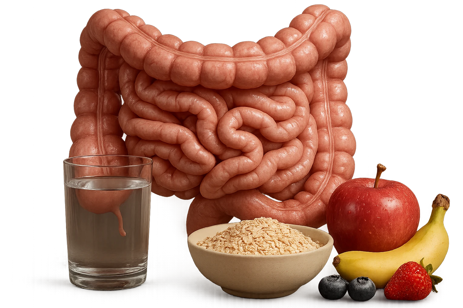 intestino umano anatomico sullo sfondo, davanti a lui un bicchiere di acqua, una bowl di avena e un po' di frutta mista, iperrealistici 4k emoji