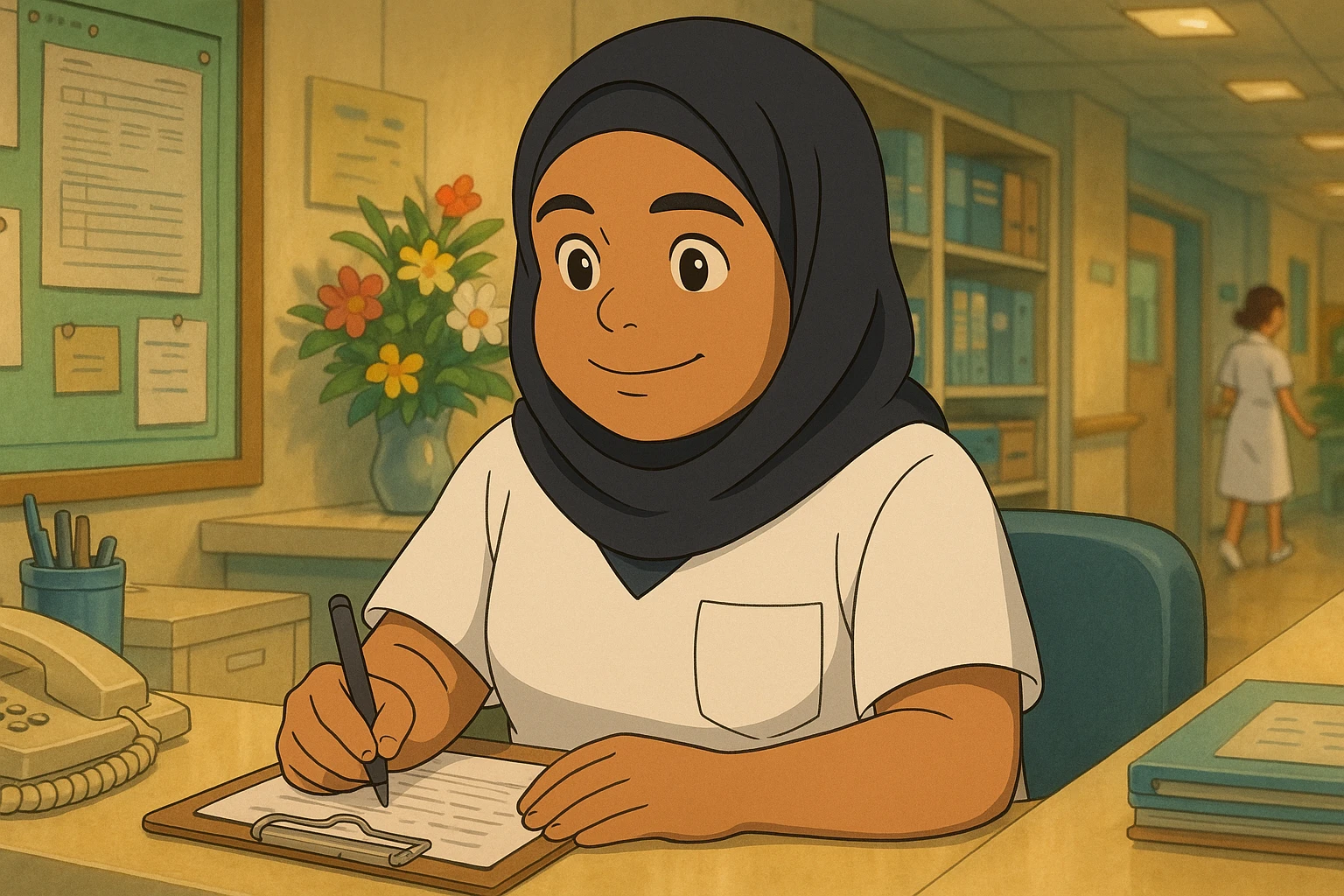 Étudiante infirmière en style Ghibli, travaillant dans un poste de soin, portant un uniforme blanc à manches courtes sans pied de col ni stéthoscope, haut de type tunique médicale avec col en V et poche poitrine à gauche, pas de tissu dépassant des manches, inspirée de la personne sur la photo, ambiance chaleureuse et collaborative. emoji