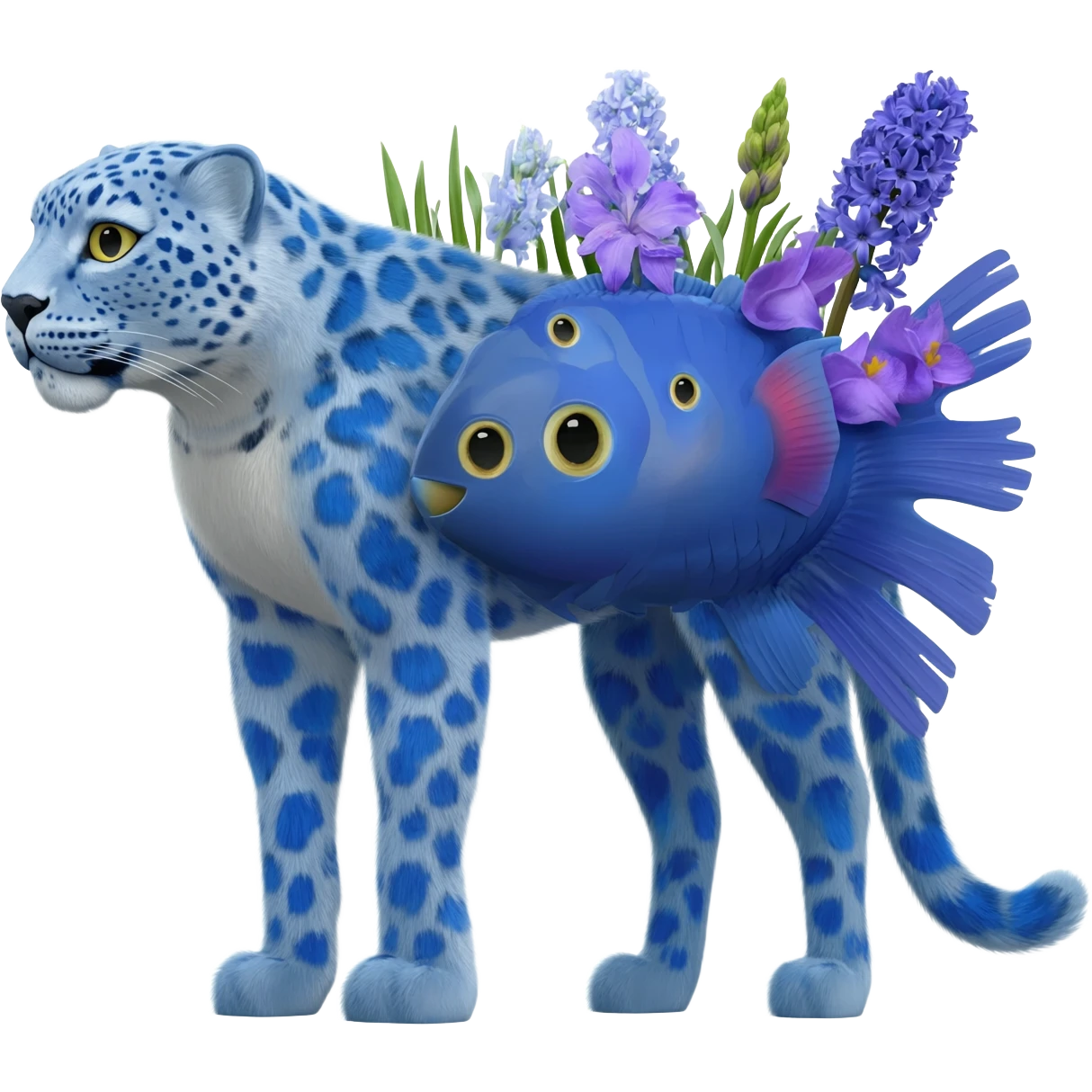 Snow-Leopard-Blue-Tang-Fish-Hyacinth-Macaw-fusion-hybrid-animal-creature, full body emoji