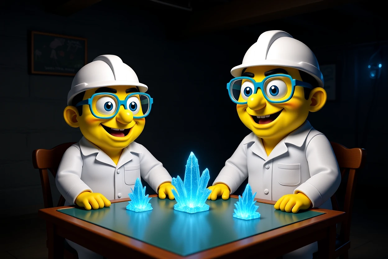 3D cienmatic cartoon shot, spongebob and patric dress in safety glasses and safe white outfit, the are standing front of table with blue crystals on table glowing (light source) science room in basement, back light, Cinema 4d render, proffesional lightning emoji