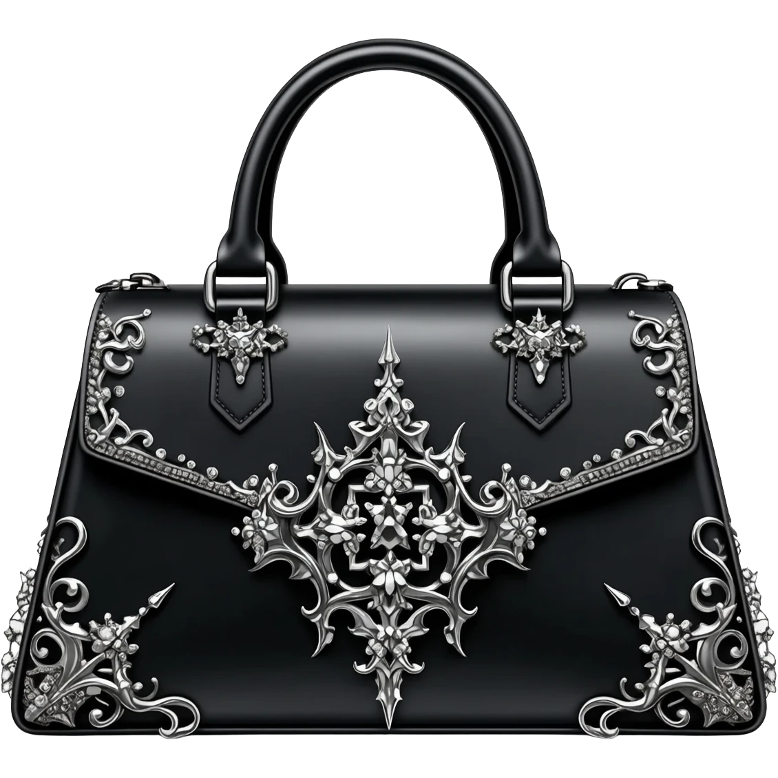 Ultra realistic, mirco-detailed Alexander Wang bag, in black gothic aesthetic style with matching metallic, silver chrome gothic style Luxury embellishments, 8k hd quailty  emoji