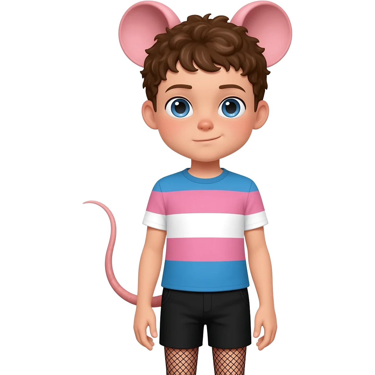 a white twink boy with blue eyes, short curly brown hairs and rat ears, he has a rat tail. he is dressed in a short shade of the color trans flag and short black shorts with mesh stockings emoji