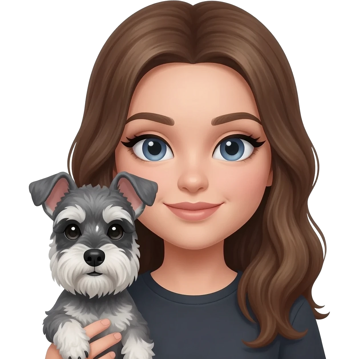 White girl with long, medium brown color hair dark blue grey eye with heavy eyeliner holding a grey miniature schnauzer emoji