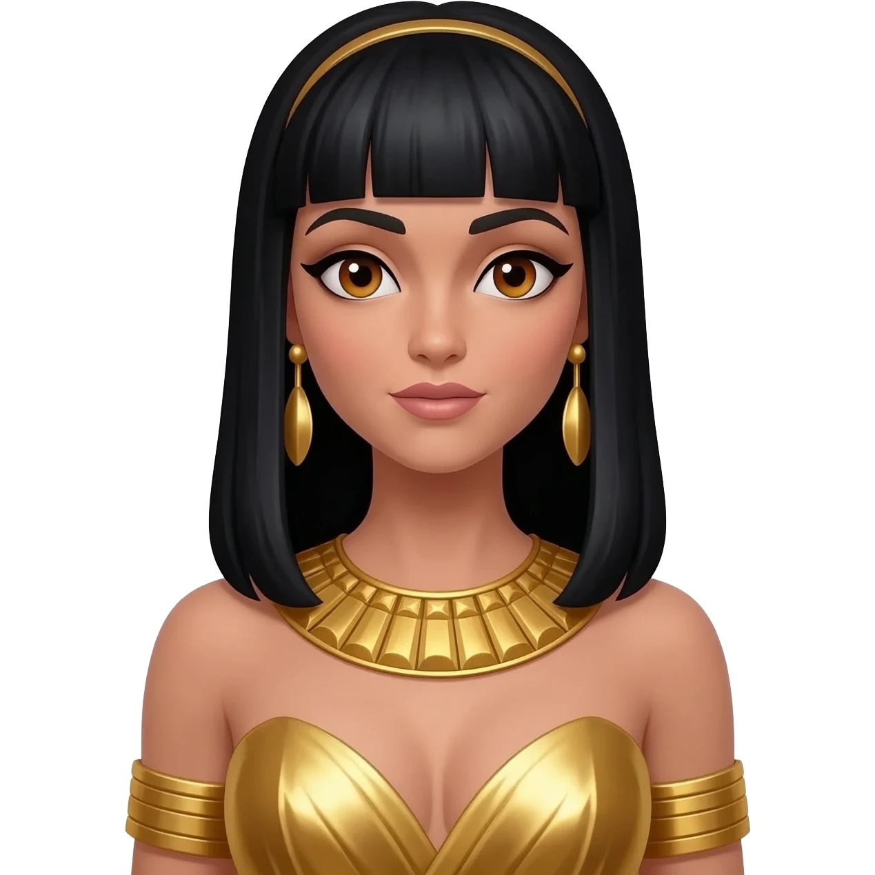 Cleopatra with hazel eyes, long black hair, gold metallic dress, gold necklace and earrings emoji