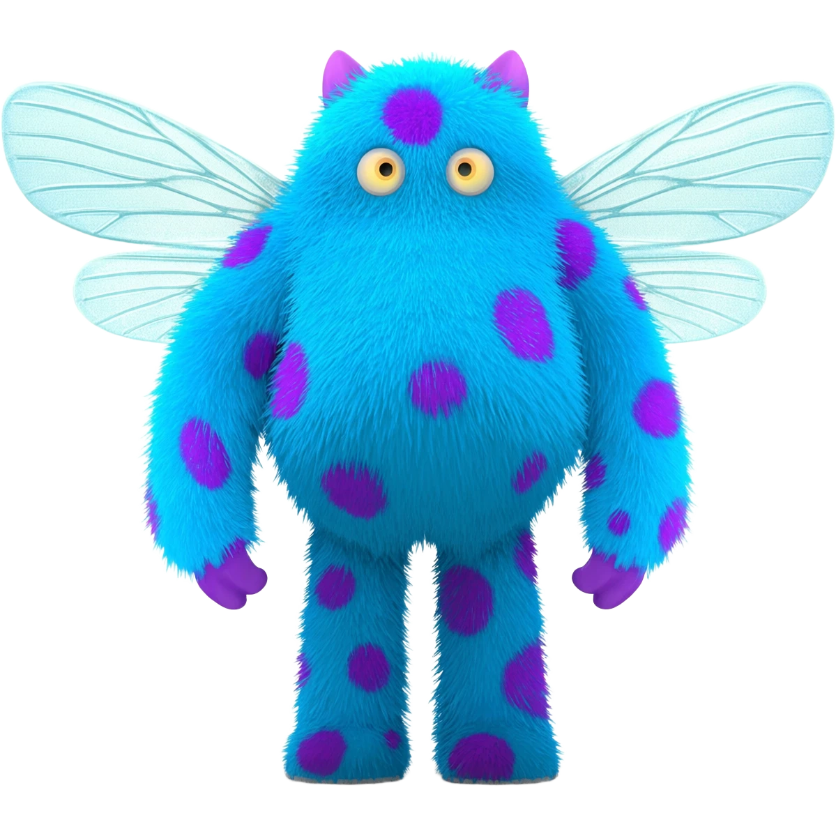 Fuzzy blue with purple polka dots monster with fly wings emoji