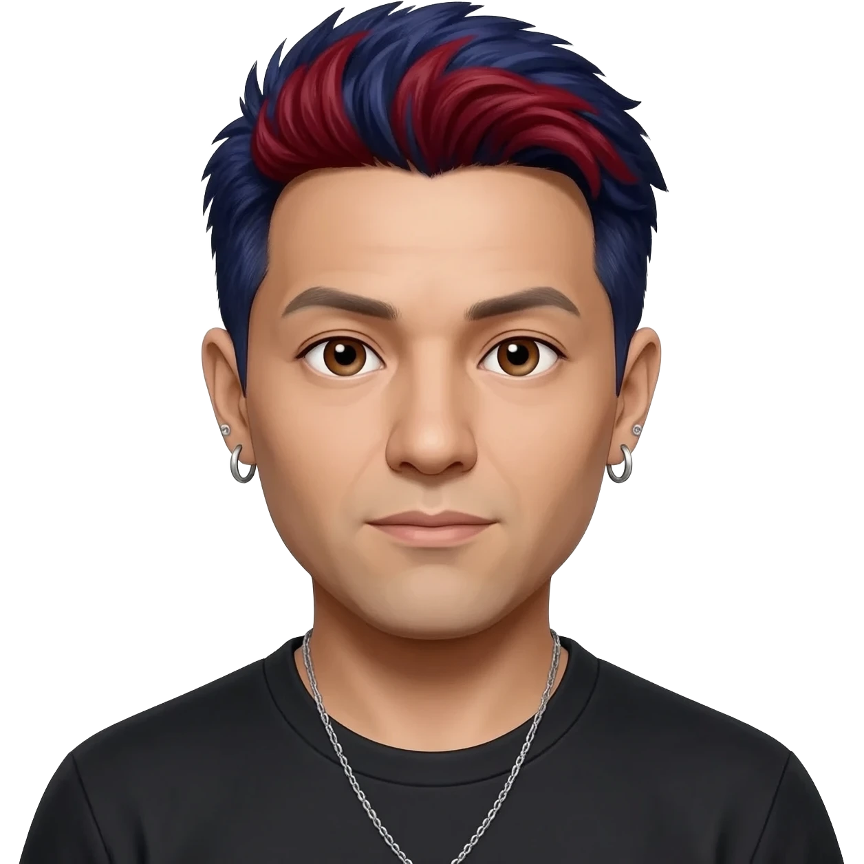 Mike Shinoda with brown eyes, dark indigo hair with red highlights, black metallic Tshirt, silver necklace with short earrings emoji