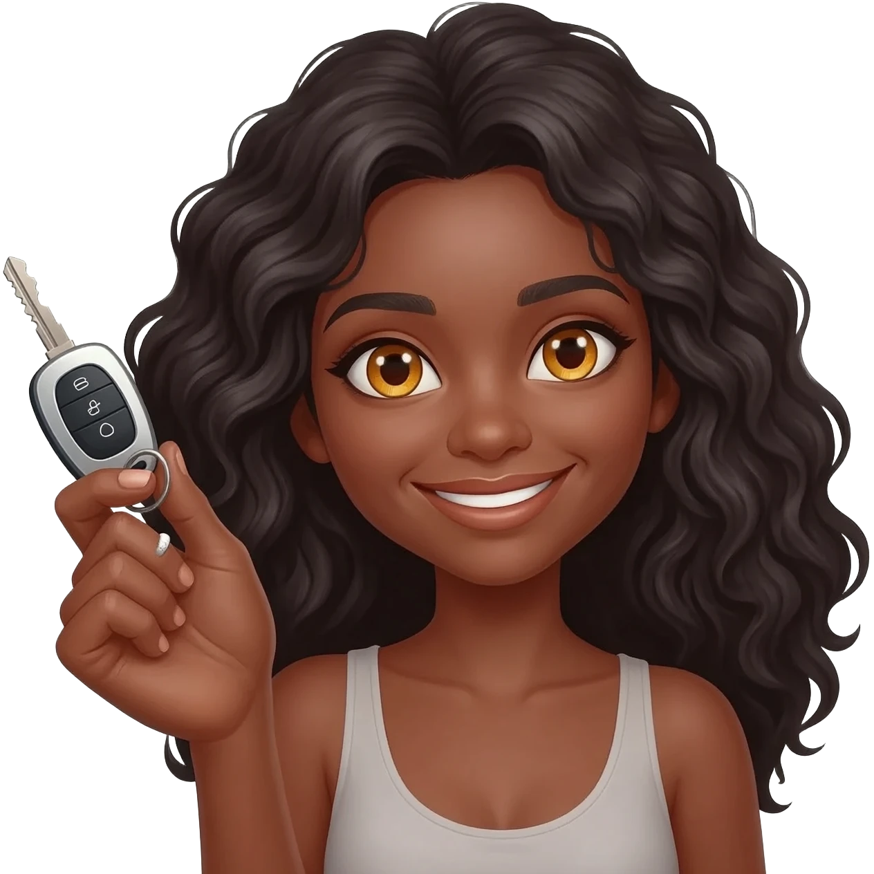 She has brown skin, long wavy black hair, and golden-brown eyes. She is radiating happiness, smiling broadly, holding a silver car key with a black remote fob up in her hand. emoji