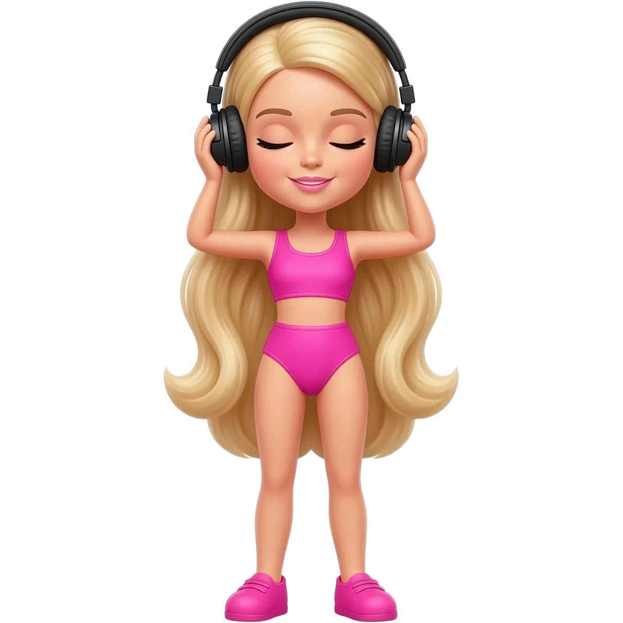 barbie in blonde hair and pink swimsuit and Pink shoes for women wear a black headphones on head connect to pink iphone max pro and hold on headphones on head with hands on headphones with close eyes emoji