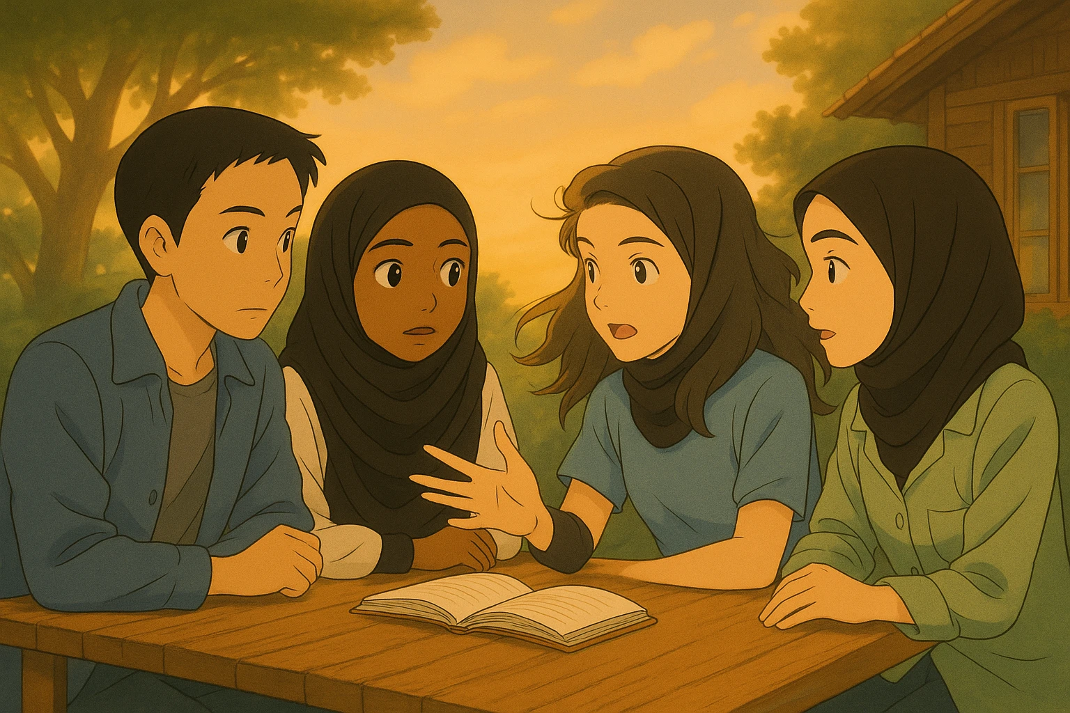 Correct the scene so that the second girl in hijab (on the right) is the one speaking and gesturing with her hand, not the third girl. Preserve the original faces as much as possible. The wind gently blows on the book and the hair. Keep the same outdoor setting and warm ambiance in Ghibli style. emoji