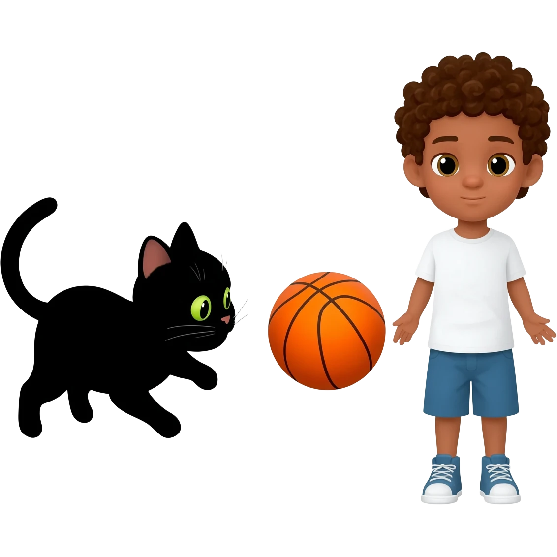 Black cat playing with orange basketball and a little white boy with curly hair emoji