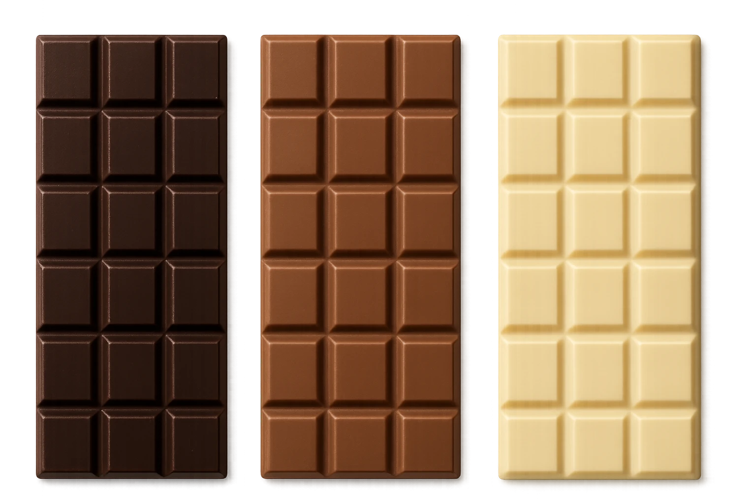3 BARRETTE DI CIOCCOLATO, UNA FONDENTE, UNA AL LATTE E UNA BIANCA, VISTE DALL'ALTO, IPERREALISTICO 4K emoji