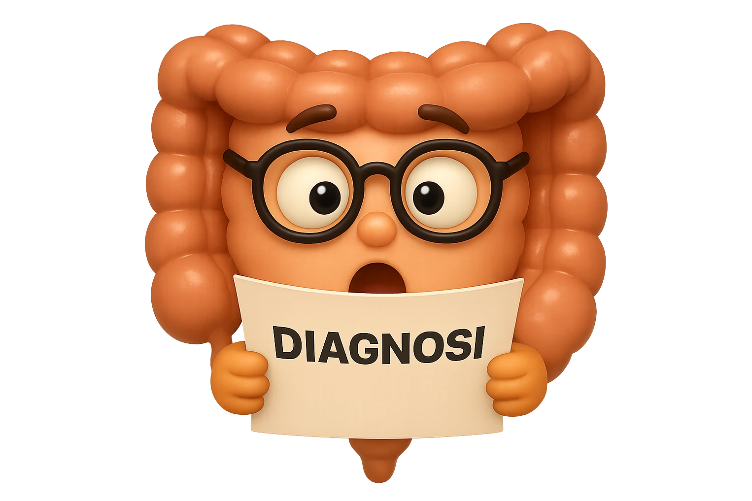 EMOJI STILE IPHONE DI UN INTESTINO CON GLI OCCHIALI CHE LEGGE UN FOGLIO CON LA SCRITTA DIAGNOSI, ESPRESSIONE STUPITA IN VOLTO, IPERREALISTICO 4K emoji