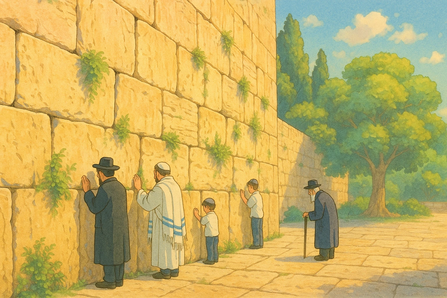 a kotel (Western Wall) illustration, ghibli style emoji