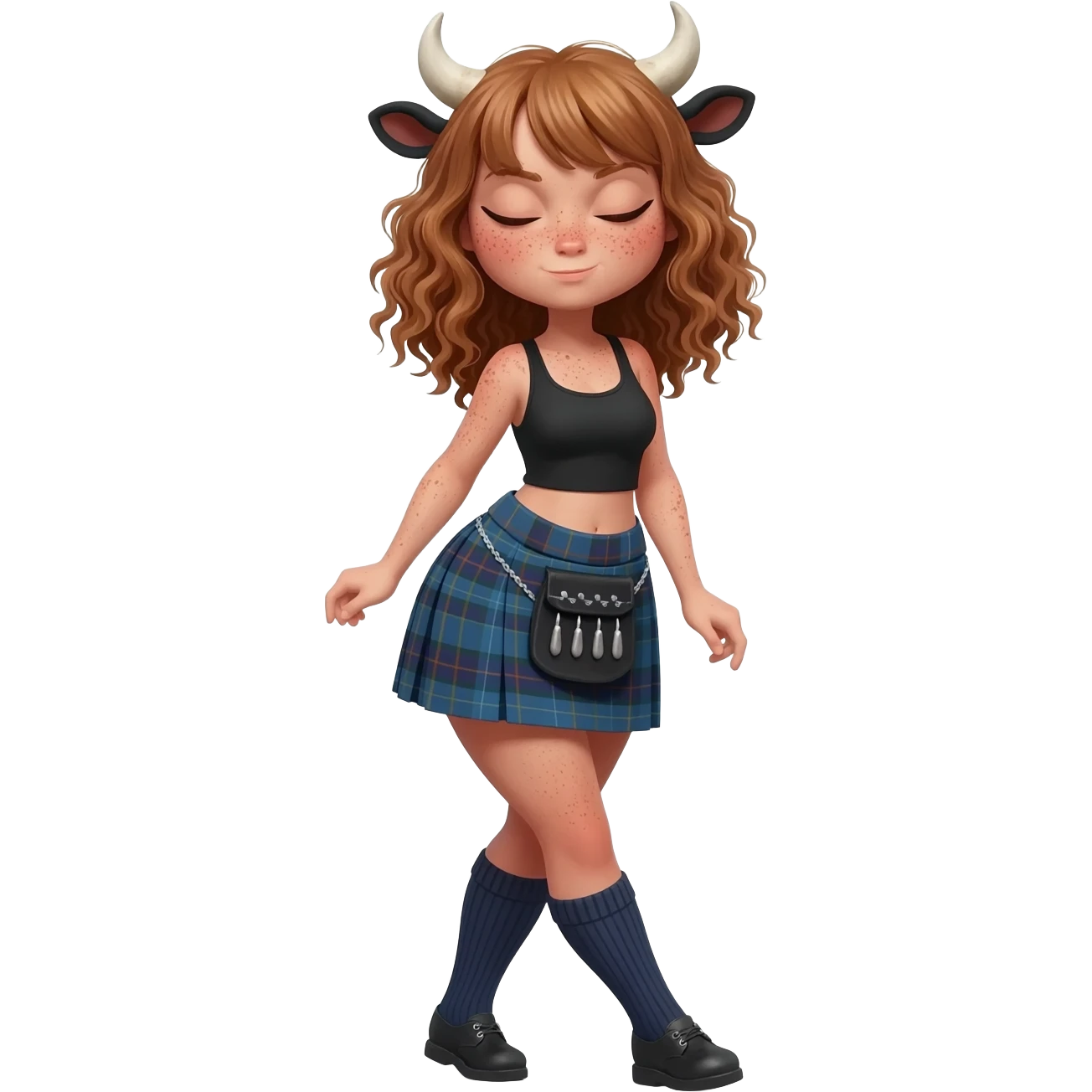 buff curly woman with frecles with light brown messy hair with straight bangs covering her eyes with brown cow tail with strong fat thights with cow horns and cow brown ears with big butt in a short scottish kilt and with knee socks and shoes stands with crossed legs emoji
