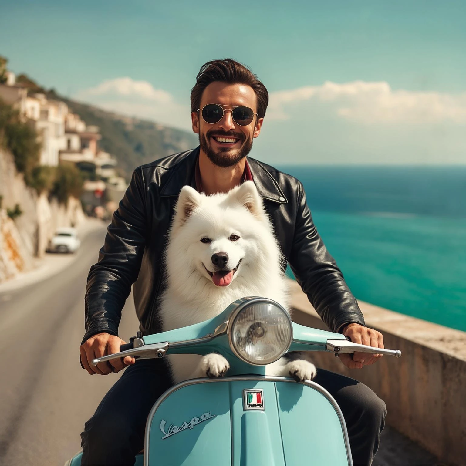man and his pet dog riding a vespa emoji