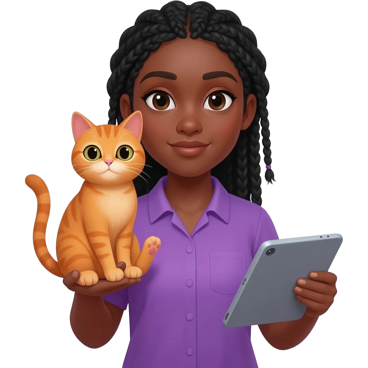 Émoji représentant une femme peau marron avec des longues nattes noires, une chemise violette, tenant un chat orange dans une main et une tablette dans l'autre emoji
