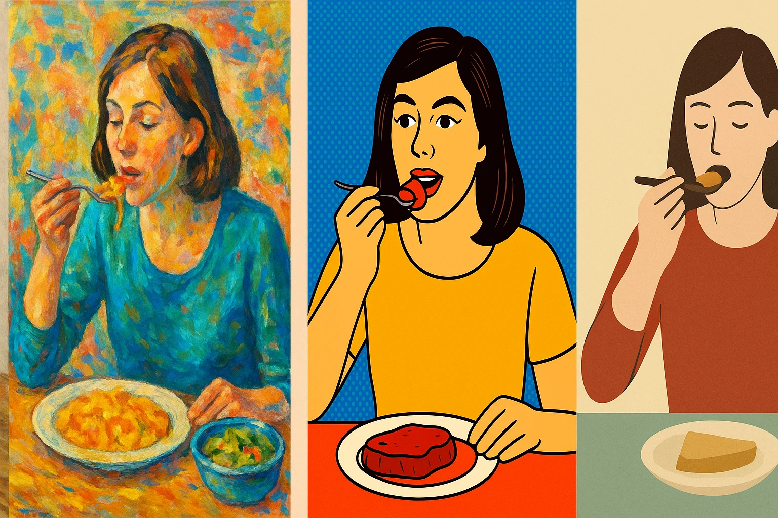 a woman eating food, diverse styles, scene 4 emoji