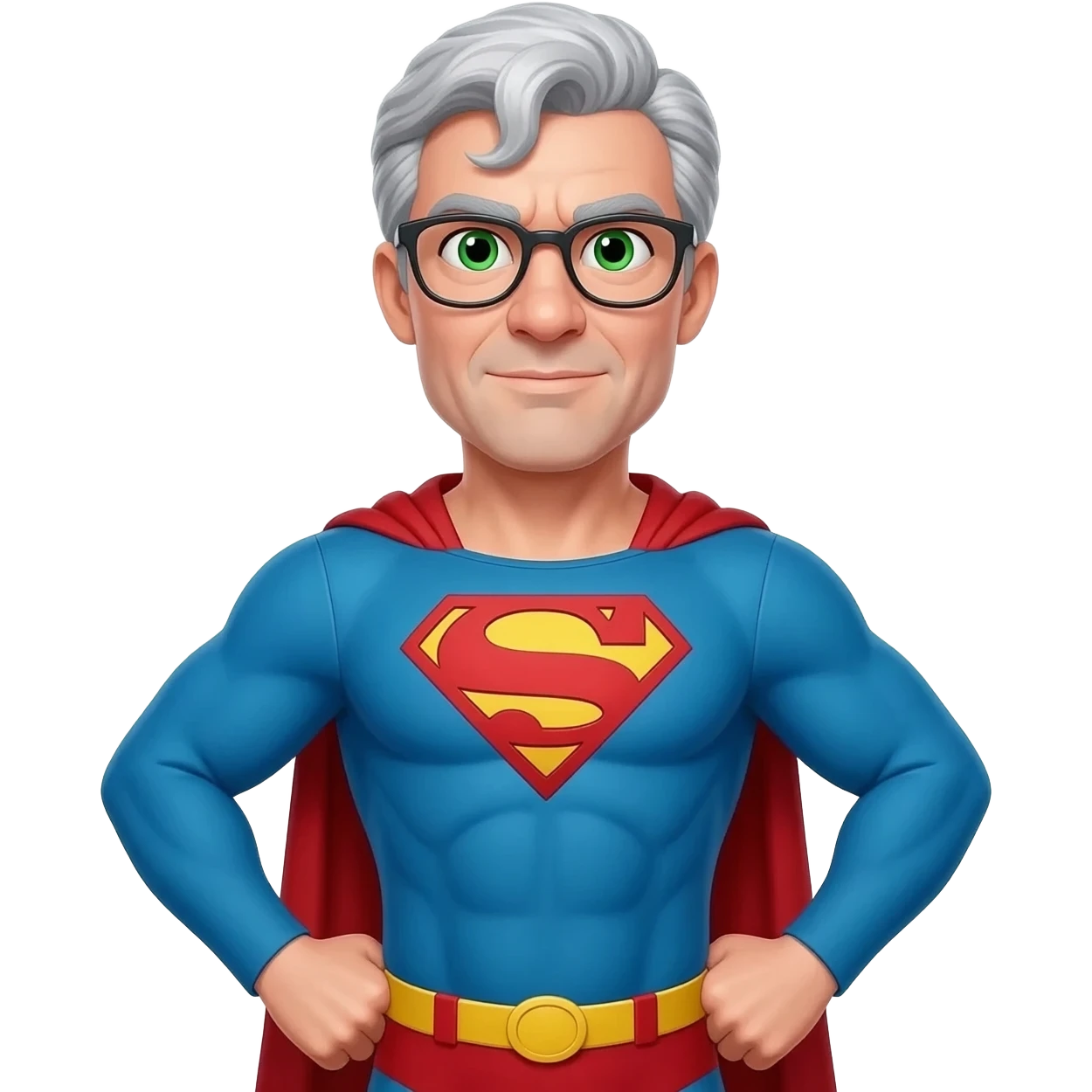 gray hair, no beard, glasses, green eyes, superman stance and outfit, hands on hips emoji