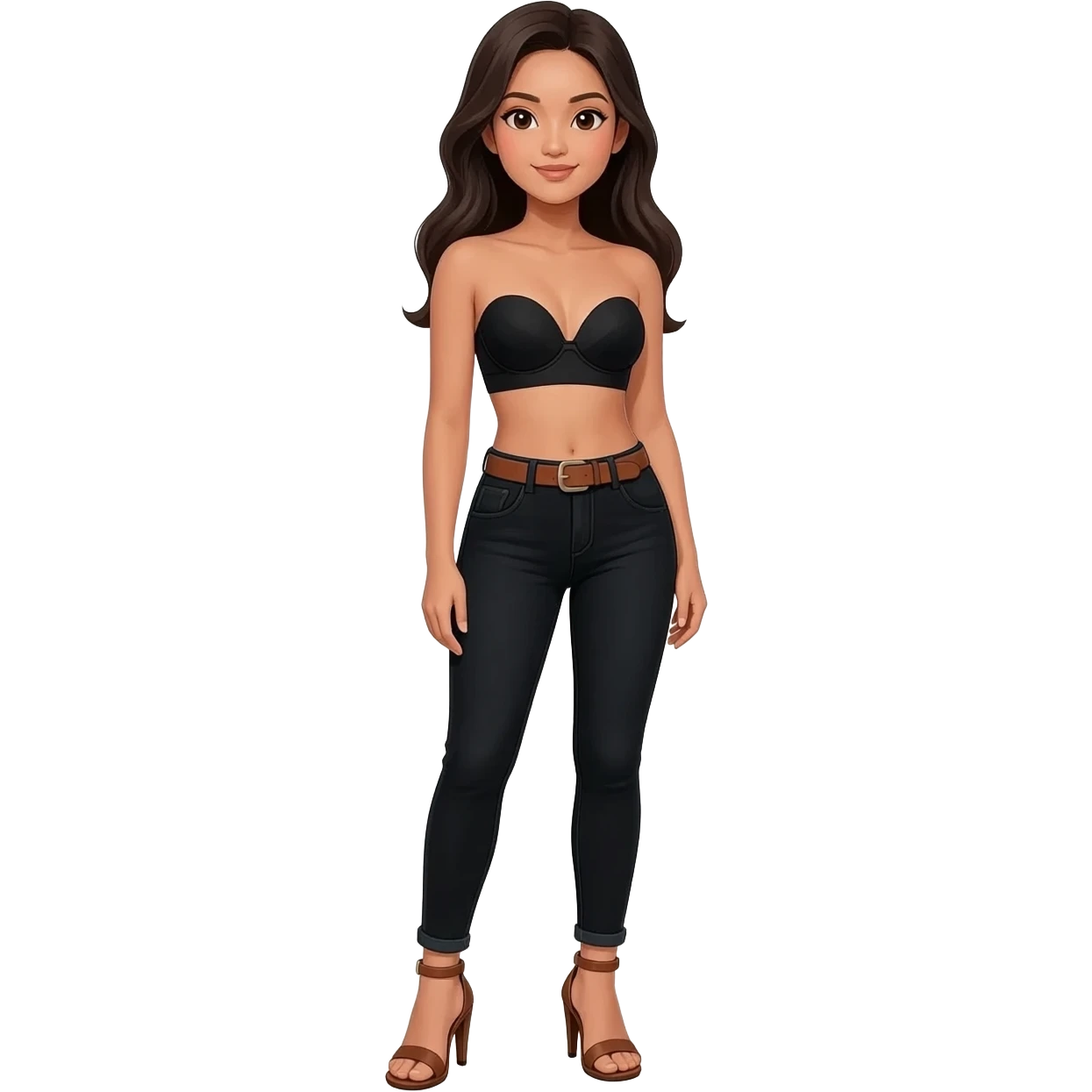 Filipino girl black bra strapless top and high waisted black jeans with brown belt with feet stand straight body wear pageant high heels sandals brown emoji