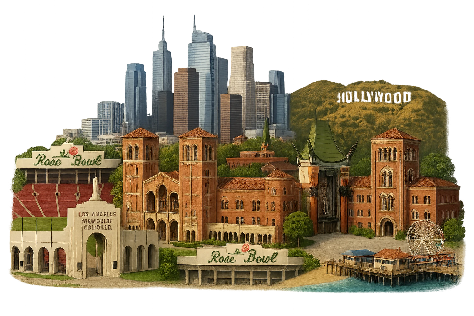 Regenerate the Los Angeles emoji with highly realistic, lifelike architectural detail and accurate proportions for all buildings, keeping the current layout: a prominent and complete Los Angeles Memorial Coliseum, Royce Hall at UCLA, Bovard Administration Building at USC, Rose Bowl Stadium with its neon sign positioned more inland, Santa Monica Pier and beach at the coast, downtown LA skyline, Chinese Theater, and Hollywood Sign. Maintain accurate colors, bright daytime lighting, a fully transparent background, no sky, no clouds, and no city name label. Do not change the layout or composition. The style should be highly realistic and photorealistic architectural detail. emoji