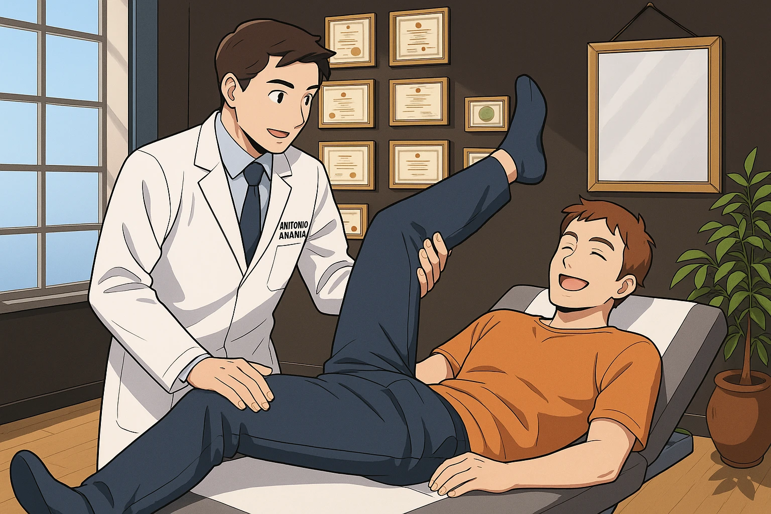 su questo lettino rappresenta un webtoon manga a colori con questo stile, in cui un uomo è steso sul lettino medico e il kinesiologo con il camice bianco (fagli anche la scritta "ANTONIO ANANIA" SUL CAMICE, gli solleva una gamba per fargli il test neuromuscolare, IL KINESIOLOGO SPIEGA ALL'UOMO UNA cosa mentre gli alza la gamba. l'espressione dell'uomo è felice e soddisfatta, non fare i fumetti però, fai solo in modo che sembri stiano parlando emoji