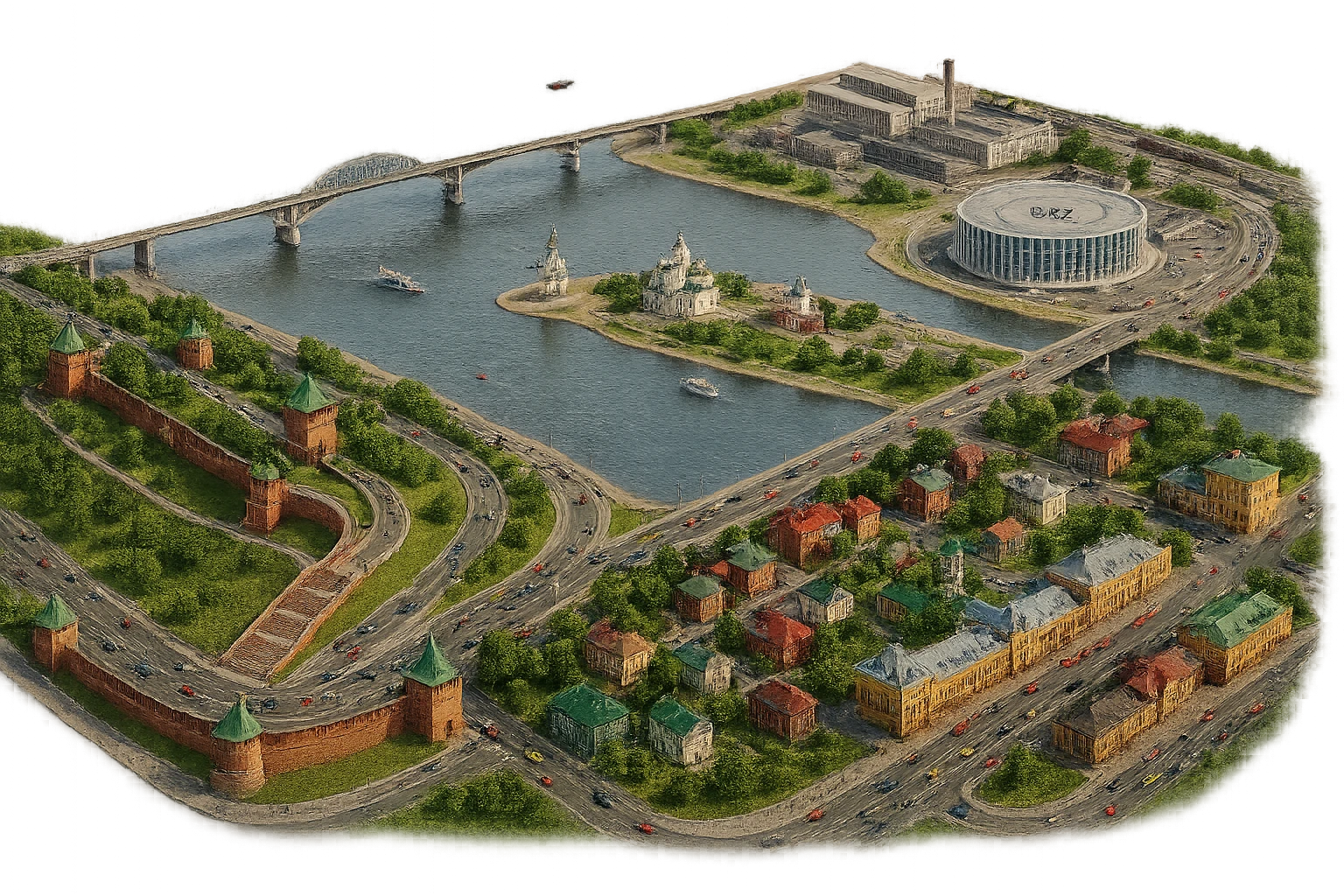 Изометричная миниатюрная фотореалистичная 3D модель панорамы Нижнего Новгорода - Нижегородский Кремль, Стрелка между Окой и Волгой, стадион Нижний Новгород, ГАЗ, Чкаловская лестница, Борский Мост через Волгу, Нижегородская ярмарка, нижегородские дома, автотранспорт четкие линии, яркие цвета, люди, компактная композиция, вид сверху в изометрии, прозрачный фон emoji