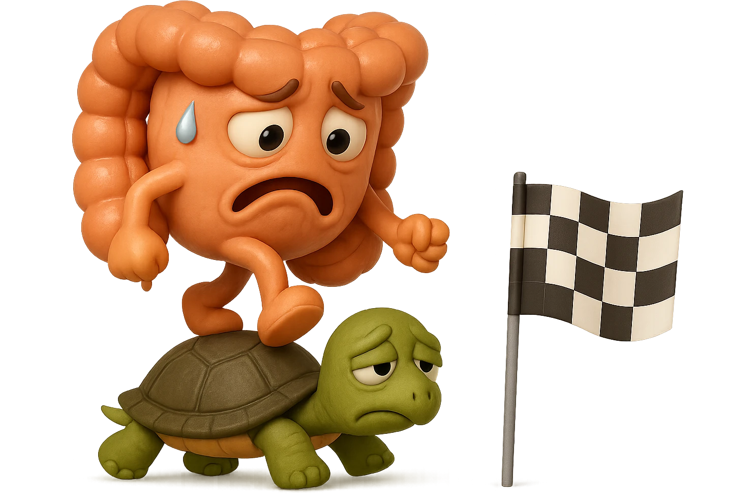  EMOJI STILE IPHONE 3D DI UN INTESTINO CON ESPRESSIONE ANGOSCIATA CHE CAMMINA SUL GUSCIO DI UNA TARTARUGA IN ATTESA ESTENUANTE DI RAGGIUNGERE UN TRAGUARDO POCO PIù AVANTI, SULLA LORO DESTRA. IL TRAGUARDO è UNA BANDIERA A DUE PIEDI CON FASCIA A SCACCHI BIANCHI E NERI. iperrealistico 4k emoji