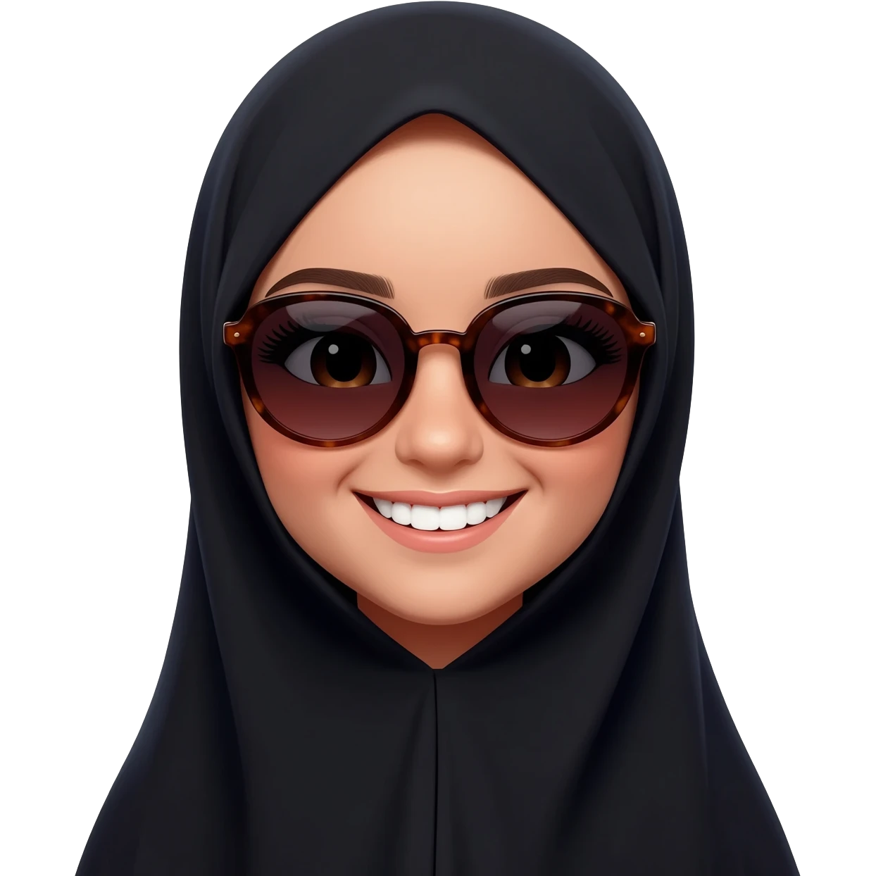 smiling face, cute face 
,luxury face & loving face, laughing face, beauty face, sunglass face make all this emoji wearing black color Abbaya  
sweet girl emoji