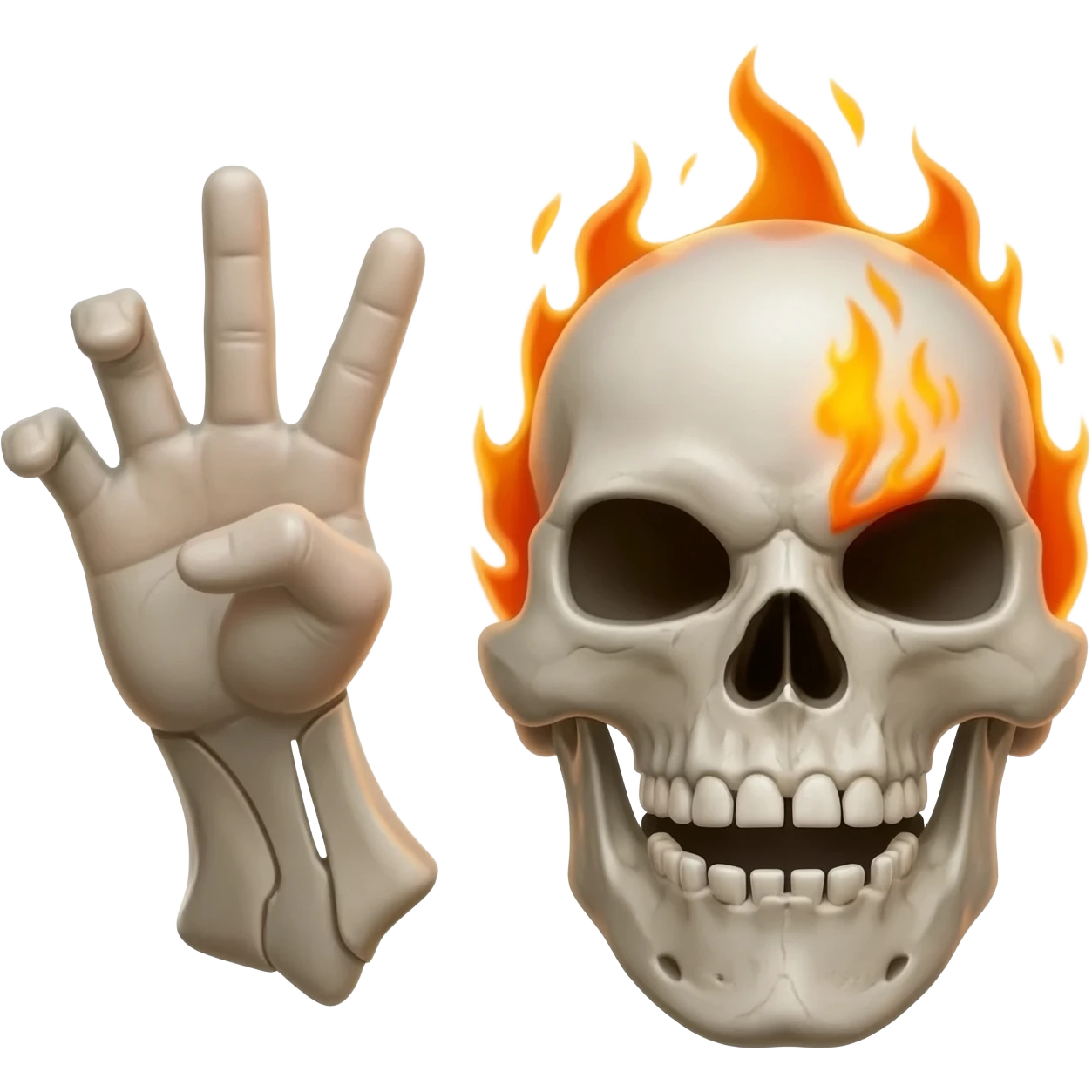 Calavera de Heavy metal con llamas y con los dedos de las manos saludando emoji