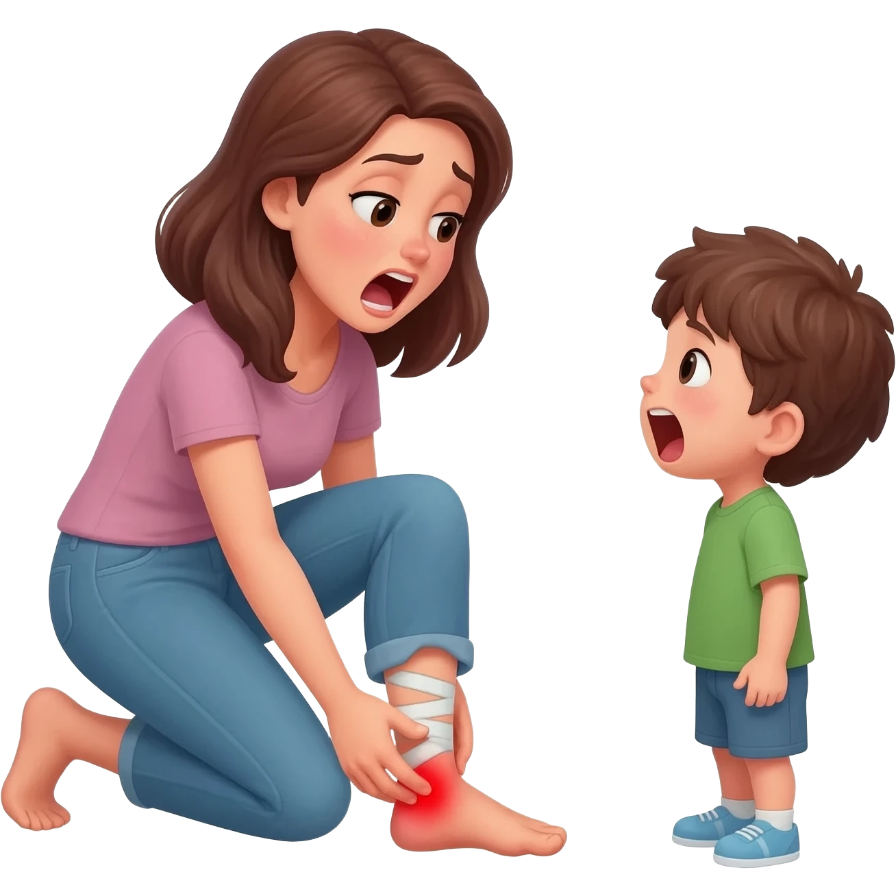 haz una señora cojiendose el pie adolorida y gritandole a un niño emoji