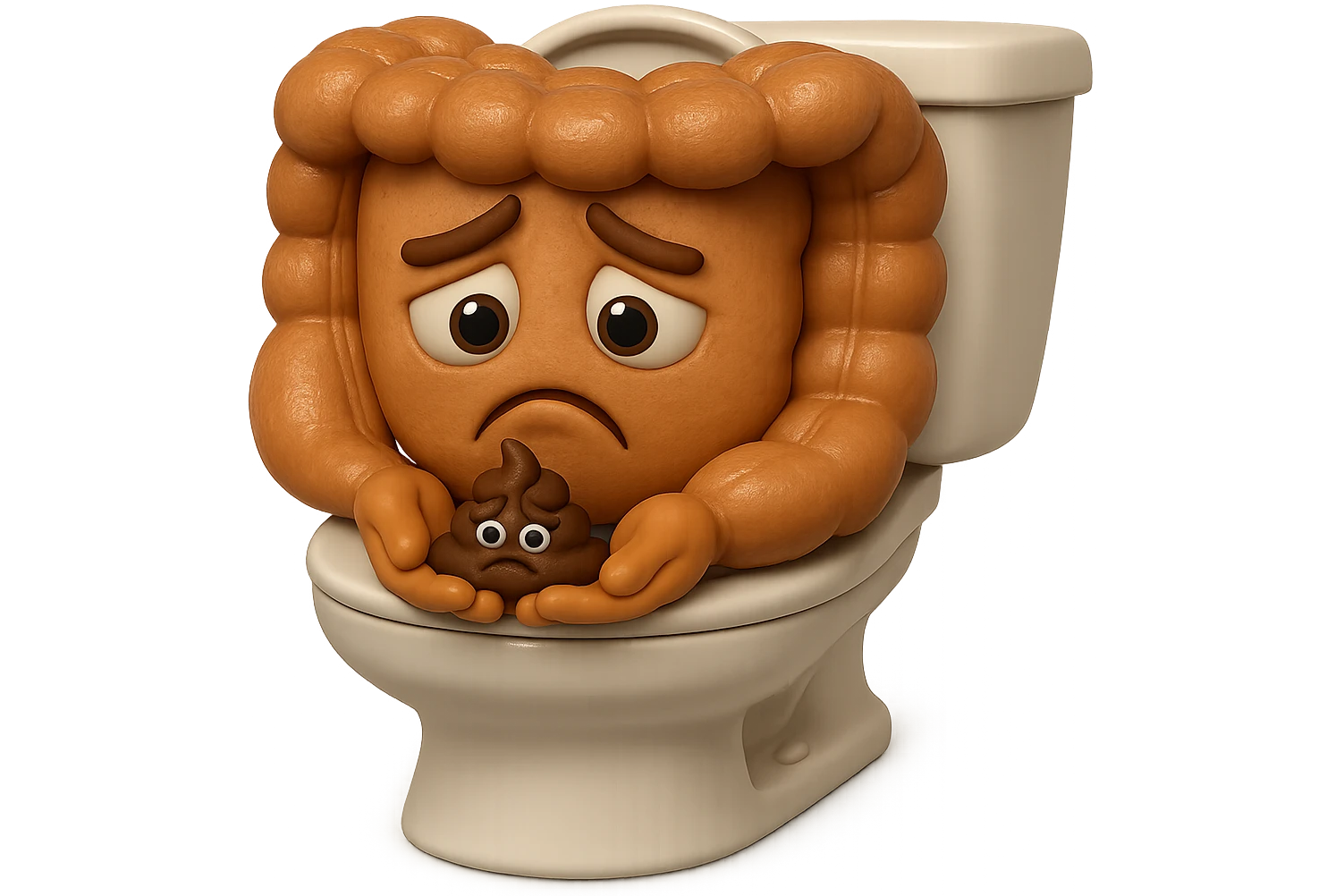 emoji stile iphone di un intestino realistico 3d che esce dal wc con in mano una montagnetta di feci con espressione triste a palline, iperrealistico 4k emoji