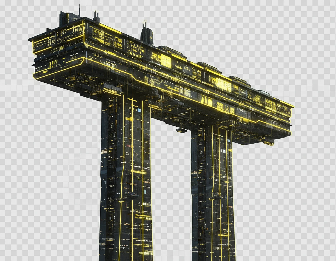 Стилизуй этот горизонтальный небоскреб под Москва-Сити с желтым свечением-подсветкой. Он должен смотреться как из киберпанка. Сделай его 2 стойки нереально высокими, расстояние между ними большое, а верхнюю горизонтальную часть - длиннее.

Фотореализм. Прозрачный фон emoji