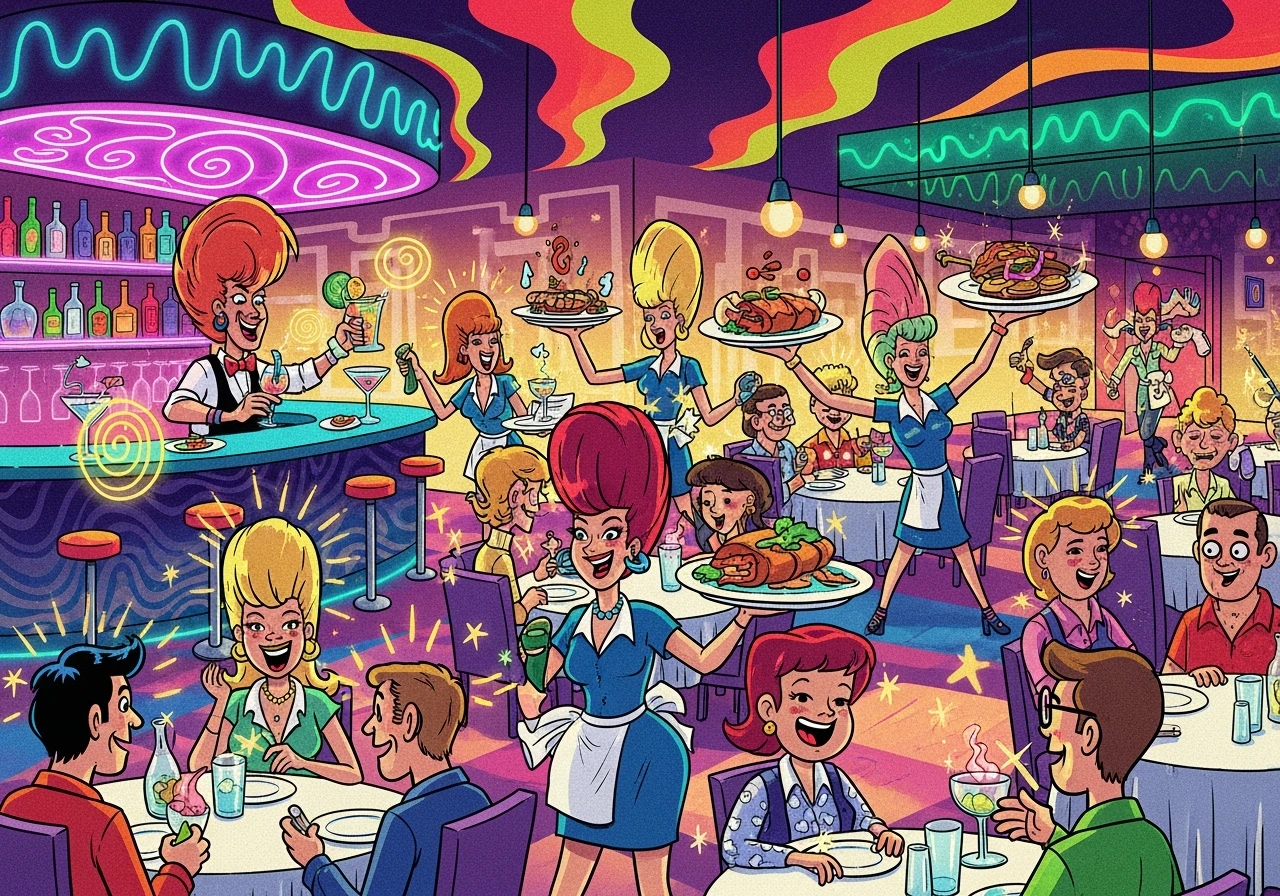 Illustration d'un restaurant avec des clients à table, des serveuses qui prennent les commandes et qui amènent les plats. Un barman sert des cocktails. Ambiance chaleureuse, clients ravis. Cartoon années 80, couleurs et effets psychédéliques. emoji