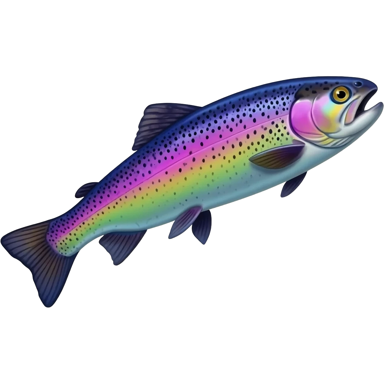 jumping realistic rainbow trout fish bright saturated purple blue green yellow white with scales and black speckles emoji