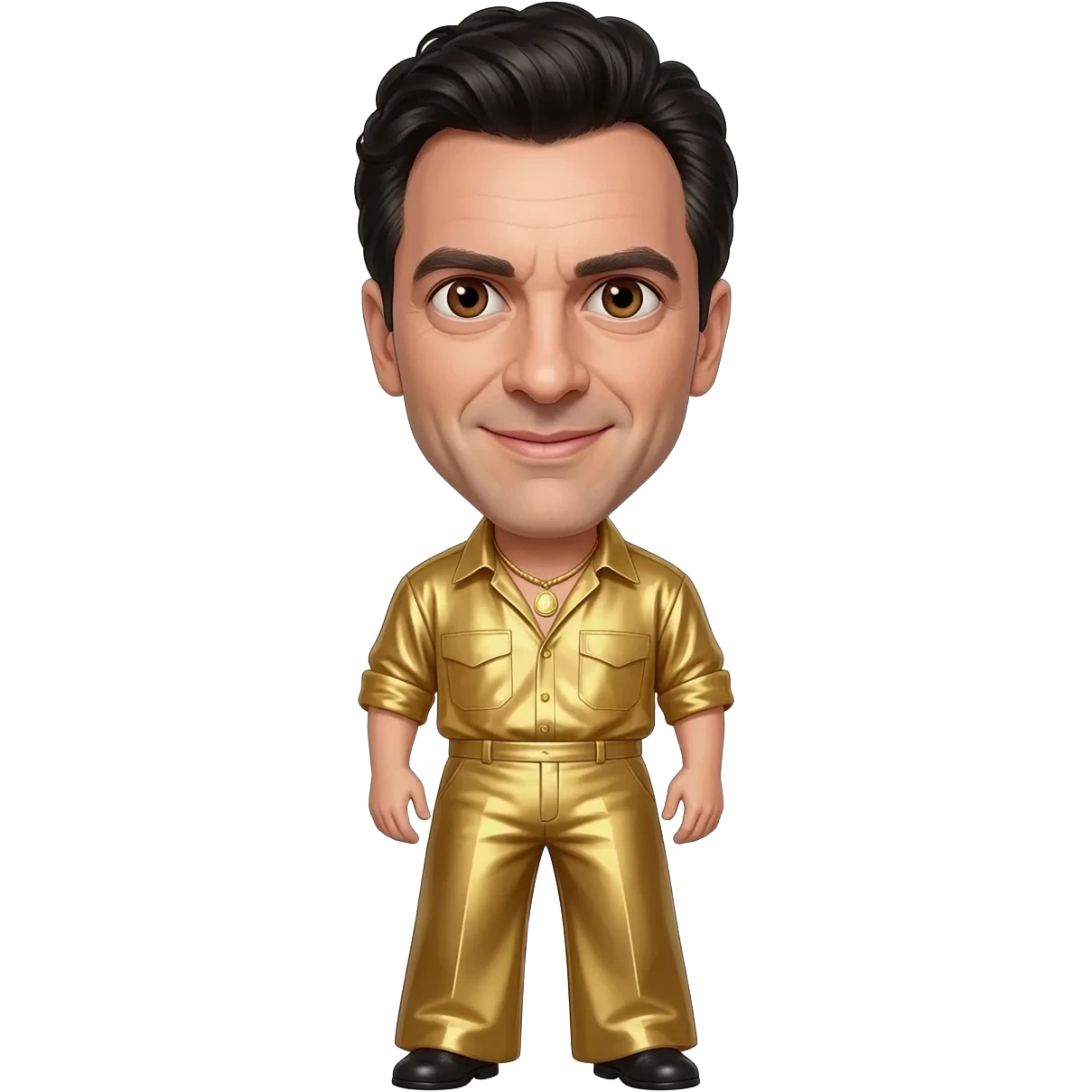 Sacha Baron Cohen with brown eyes, black short hair, gold metallic shirt, gold metallic wide leg pants, gold necklace emoji