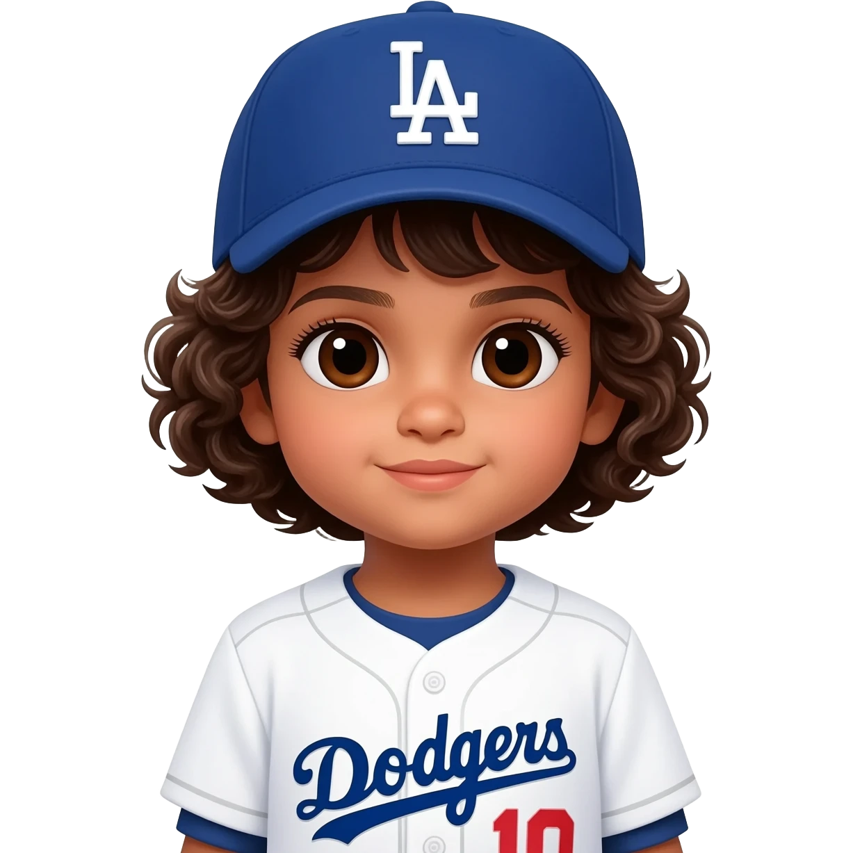 indian toddler girl in a white dodgers uniform with baseball cap curly brown short hair and dark brown eyes emoji