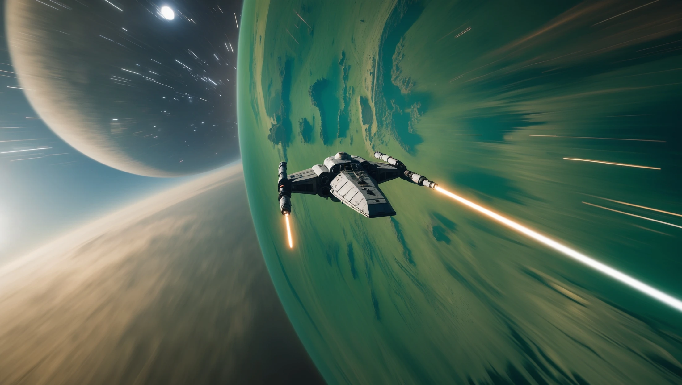 cinematic still, motion blur shutter speed, establishing shot, shot from top, entire globe green planet, single starship coming to planet, inspired by StarWars movie, captured by arri alexa  emoji