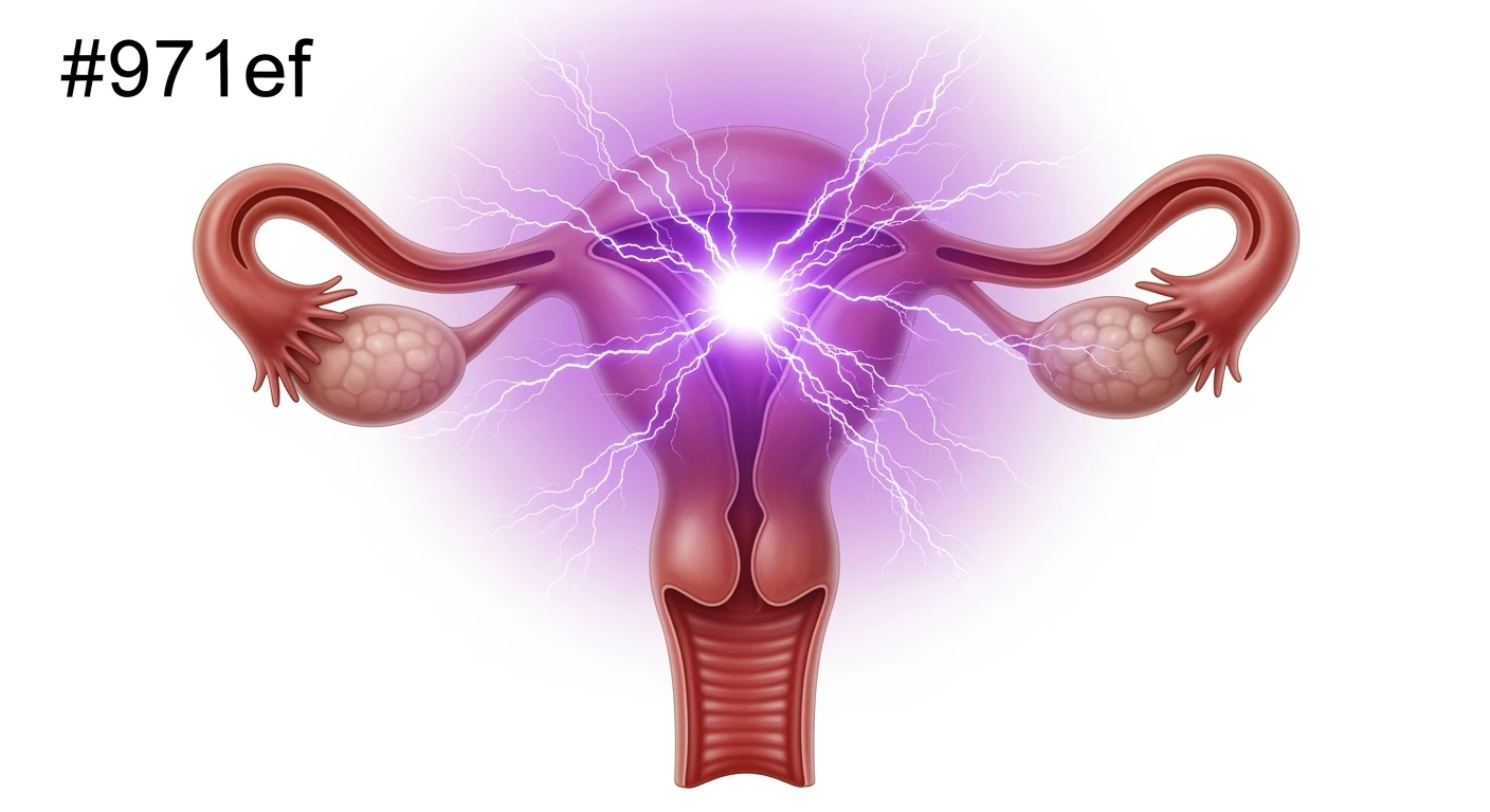 utero umano anatomico iperrealistico con fulmine di dolore sopra con questo colore: #971ef1, isolato su sfondo bianco, iperrealistico 4k emoji