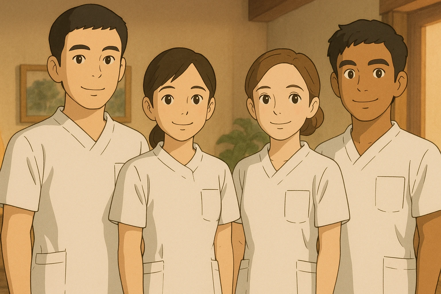 Four nursing students standing side by side, inspired by four referenced faces, wearing white short-sleeve uniforms without collars, no undershirts or stethoscopes. Medical tunic tops with V-neck and left chest pocket. Warm indoor ambiance, Ghibli style. emoji