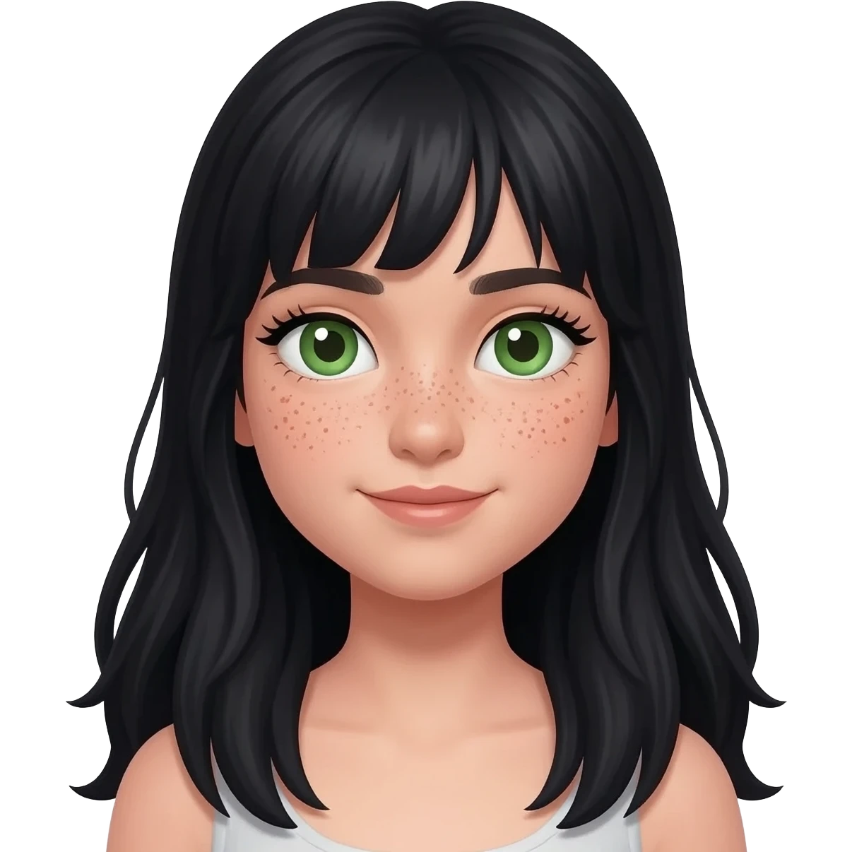 una niña con pelo largo y negro i con pecas, ojos verdes y pestañasde raza blanca, y guapa emoji