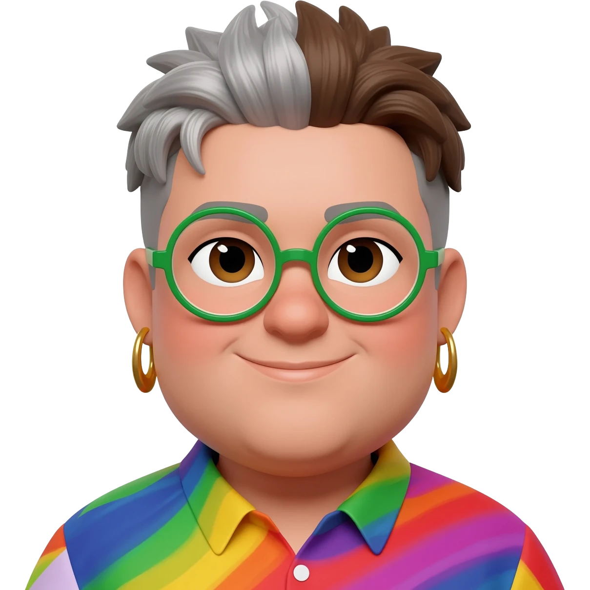 fat queer gender expansive lightskinned person with a double chin and a rounded square face shape assigned female at birth with short brown and silver mullet and bold green round glasses with almond shaped deep set brown eyes and a slight smile with bold dangly earrings and a colorful shirt emoji