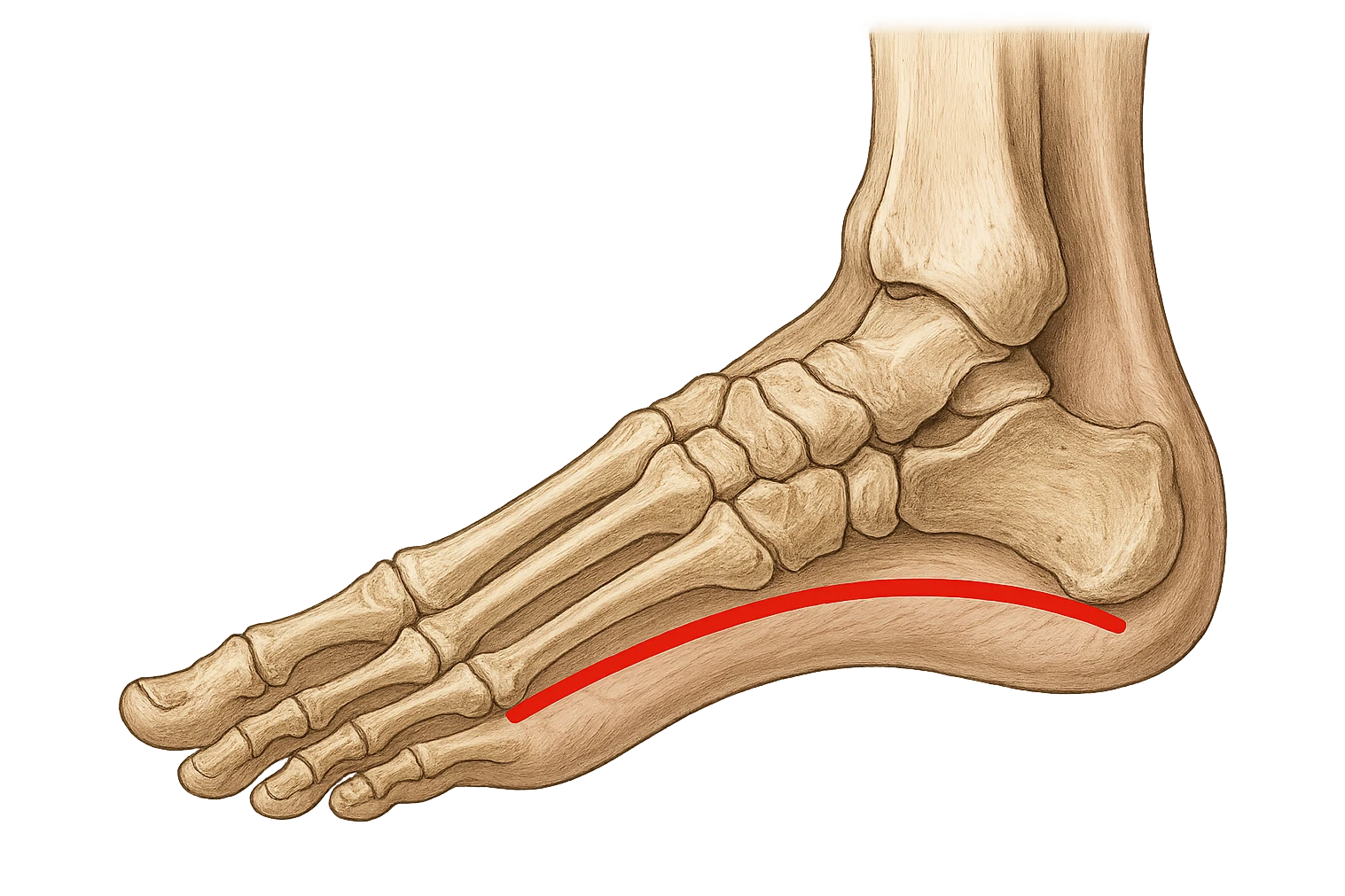 spazio dall'avampiede al tallone umano sottolineato in rosso, fai l'arto umano anatomico realistico con evidenza su quel tratto emoji