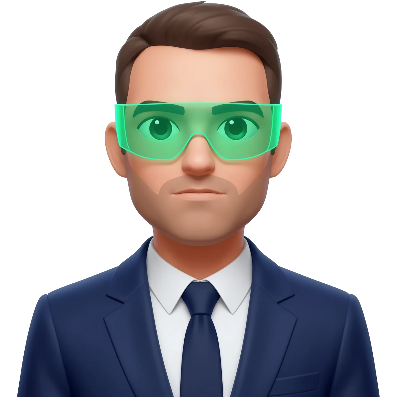 portrait of a man in a suit wearing futuristic green glasses emoji