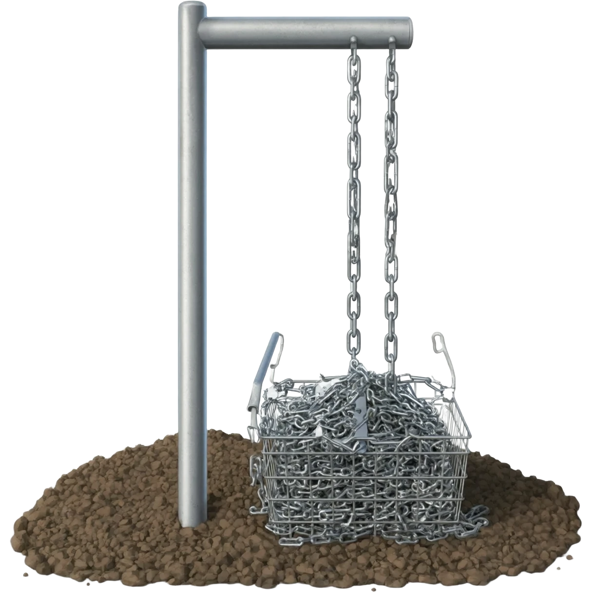 A top metal band going around a metal pile with chains coming down from it into a basket about 2ft down from the top with the metal pole extending down into the ground emoji