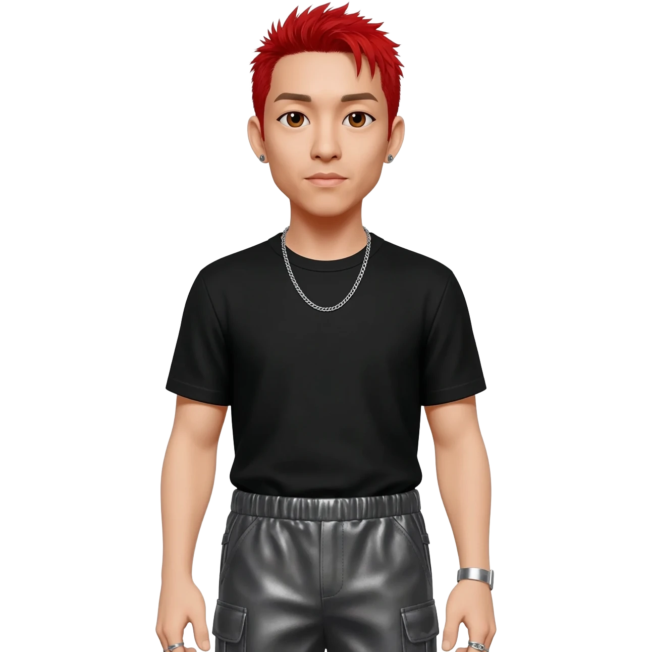 Mike Shinoda with brown eyes, red hair, black metallic t-shirt, charcoal metallic baggy pants, silver necklace emoji