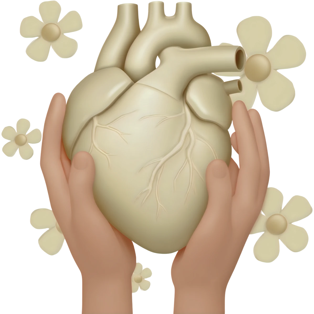 Realistic hands are holding light beige human heart with beige flowers emoji