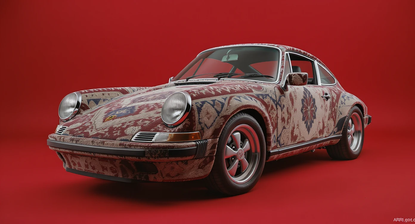 Closeup shot of a porsche 911, body of car made of russian carpet with patterns, red solid studio background,top low key light, dutch angle, haze, captured by ARRI 65 emoji