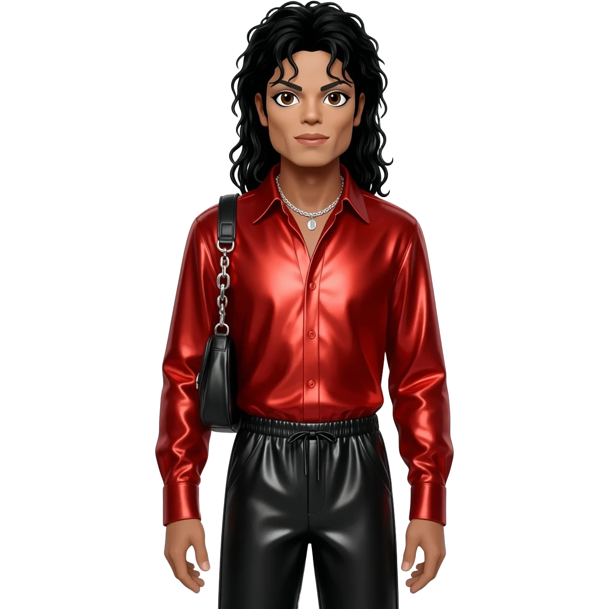 Michael Jackson with brown eyes, long black hair, red metallic shirt, black metallic baggy pants, silver necklace emoji