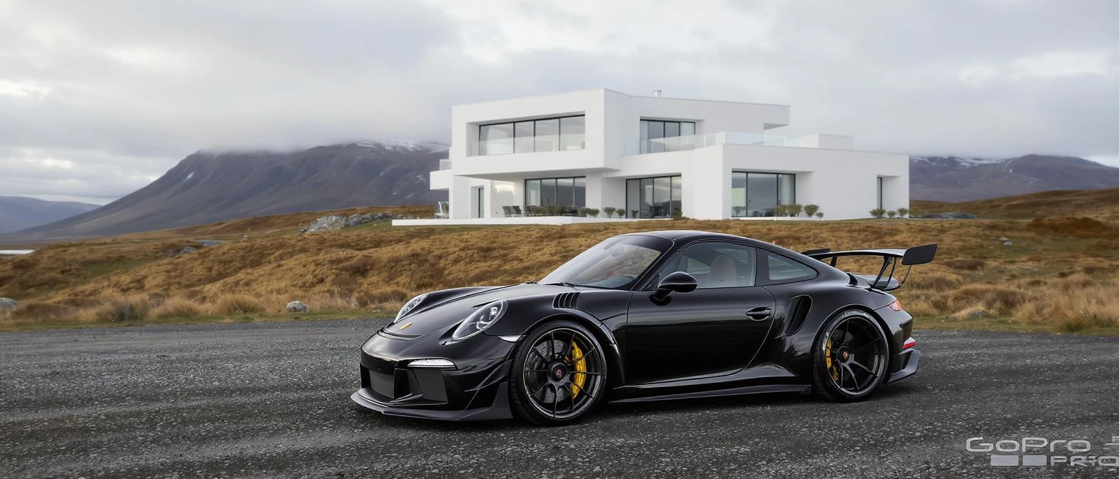 black porsche 911 with bodykit, in background is modern huge two flors white villa, in distance are iceland mountains, rule of thirds, shot on gopro hero, noise camera emoji